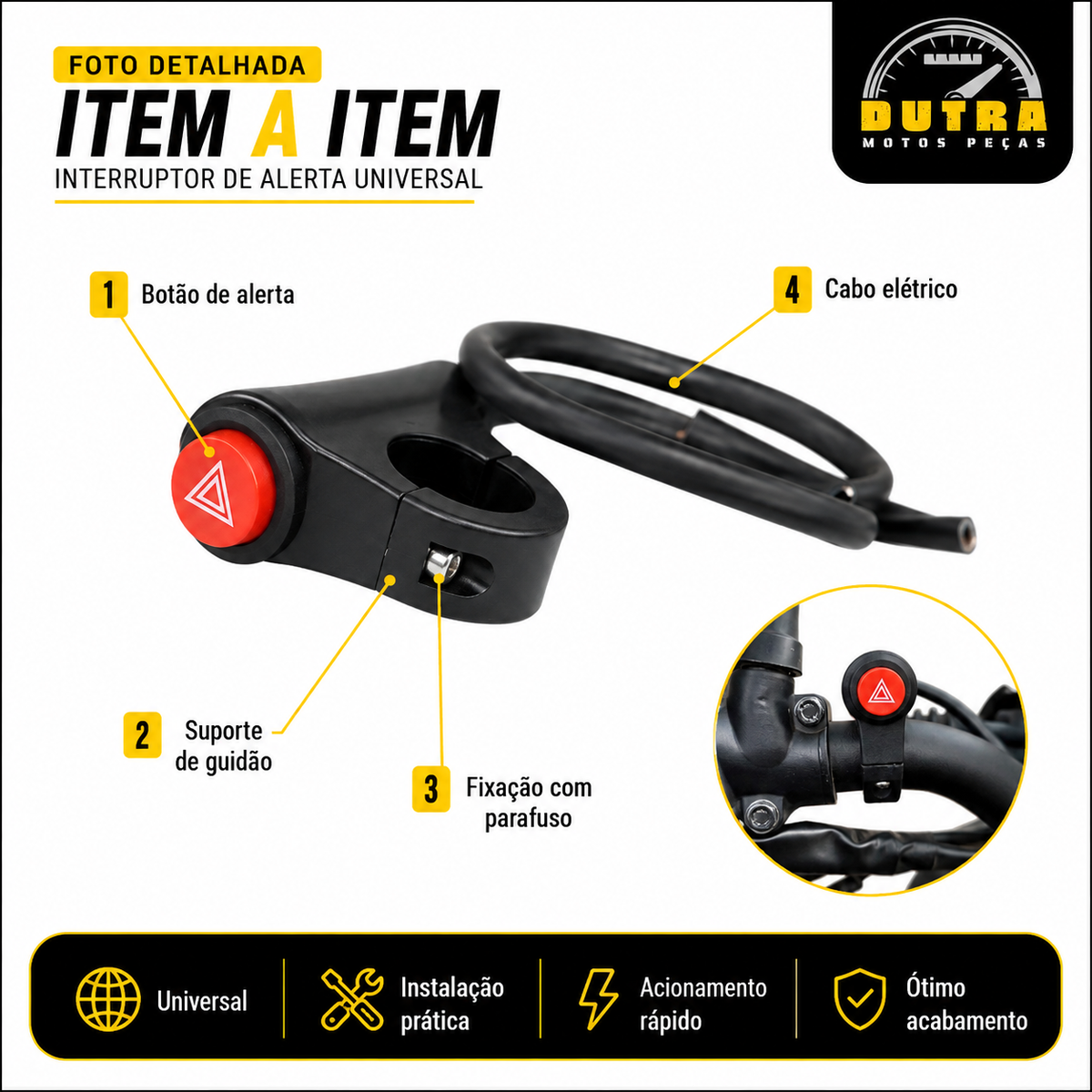 Botão Interruptor Pisca Alerta Emergência Moto Universal com Suporte Guidão