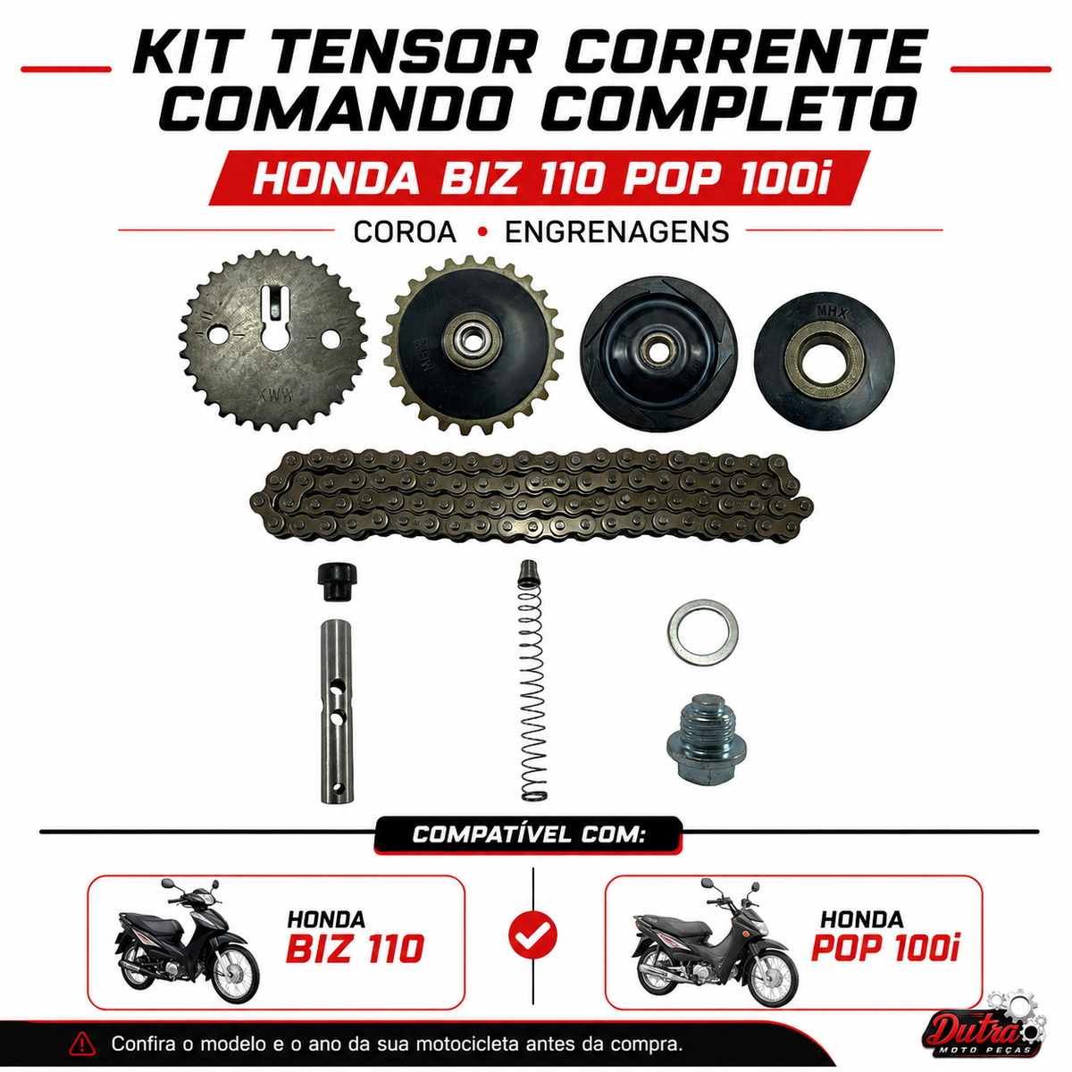 Kit Tensor Corrente Comando Honda Biz 110i Pop 110i Completo Coroa Engrenagem