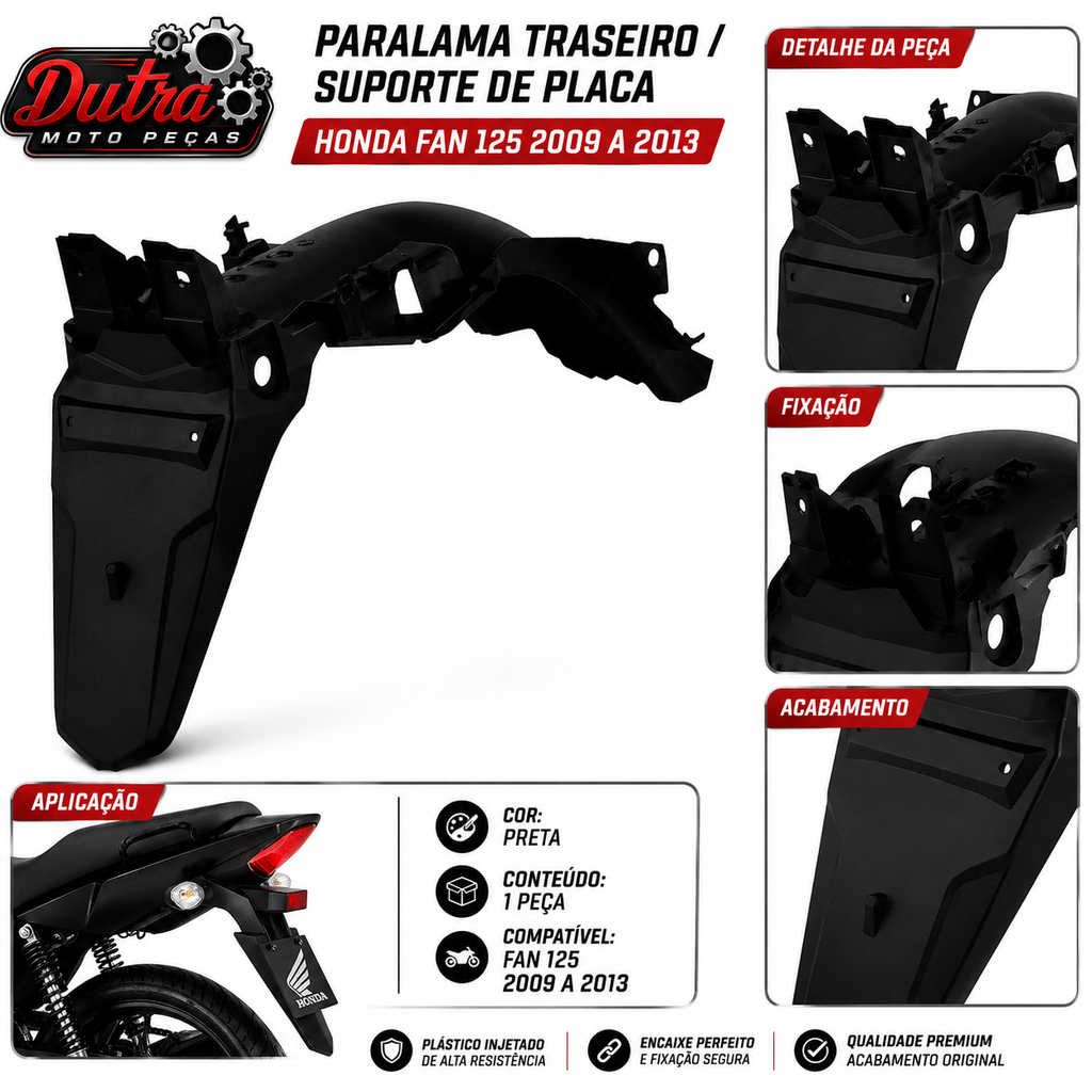 Paralama Traseiro (Suporte De Placa) Fan 125 2009 À 2013 Preto Injetado Modelo Original