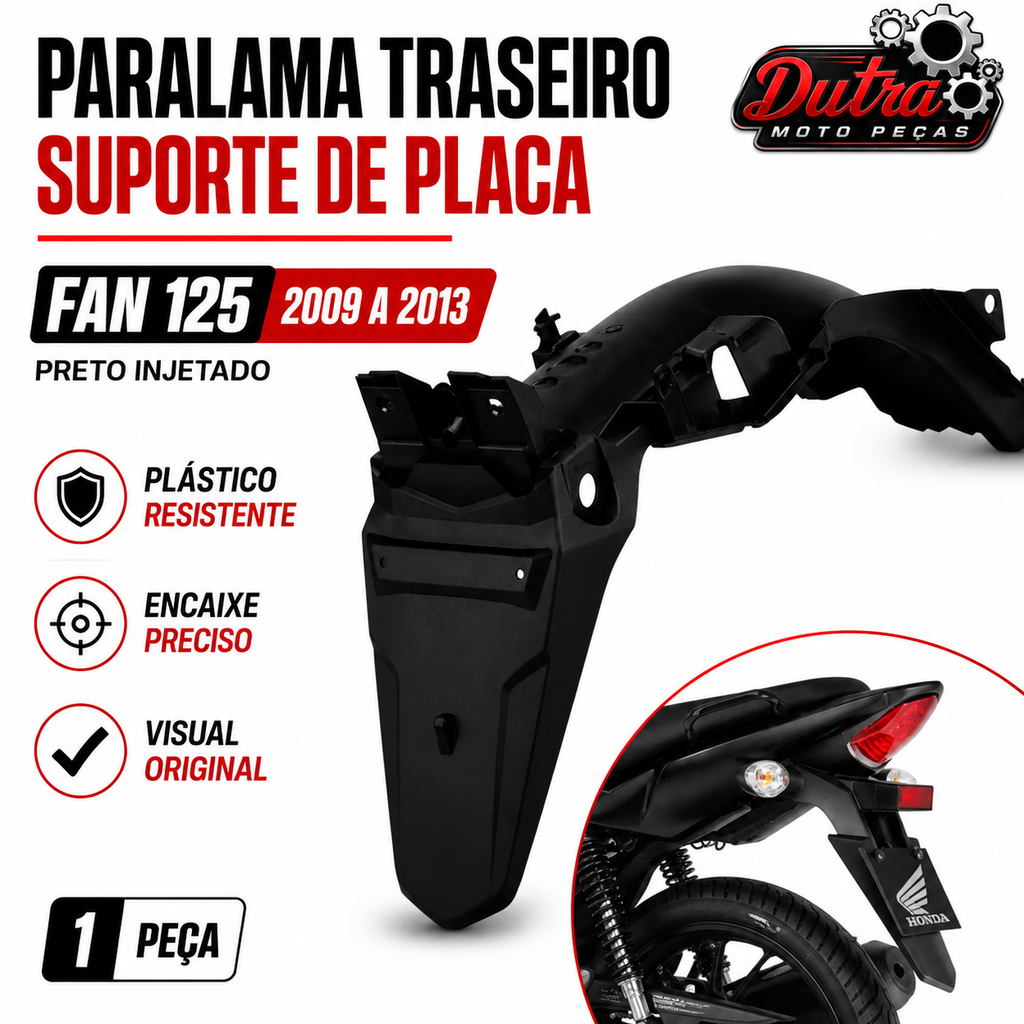 Paralama Traseiro Suporte Placa Honda CG Fan 125 2009 a 2013 Preto Injetado