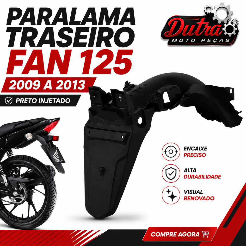 Paralama Traseiro Suporte Placa Honda CG Fan 125 2009 a 2013 Preto Injetado