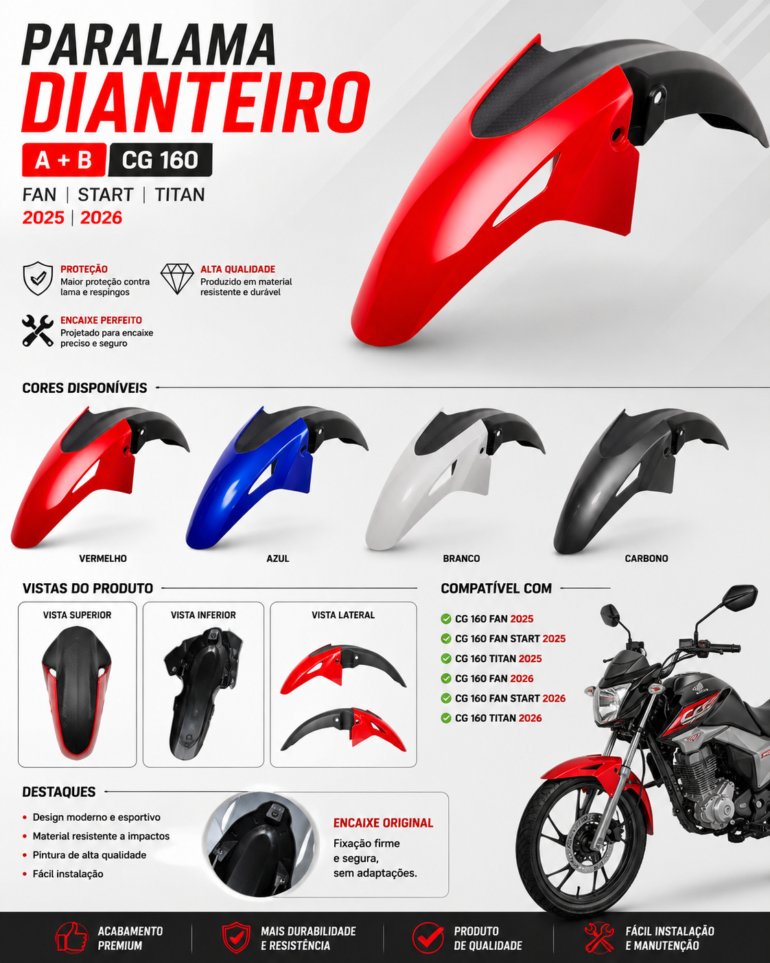 Paralama Dianteiro A + B Cg 160 Fan Start Titan 2025 2026 Cores Carbono