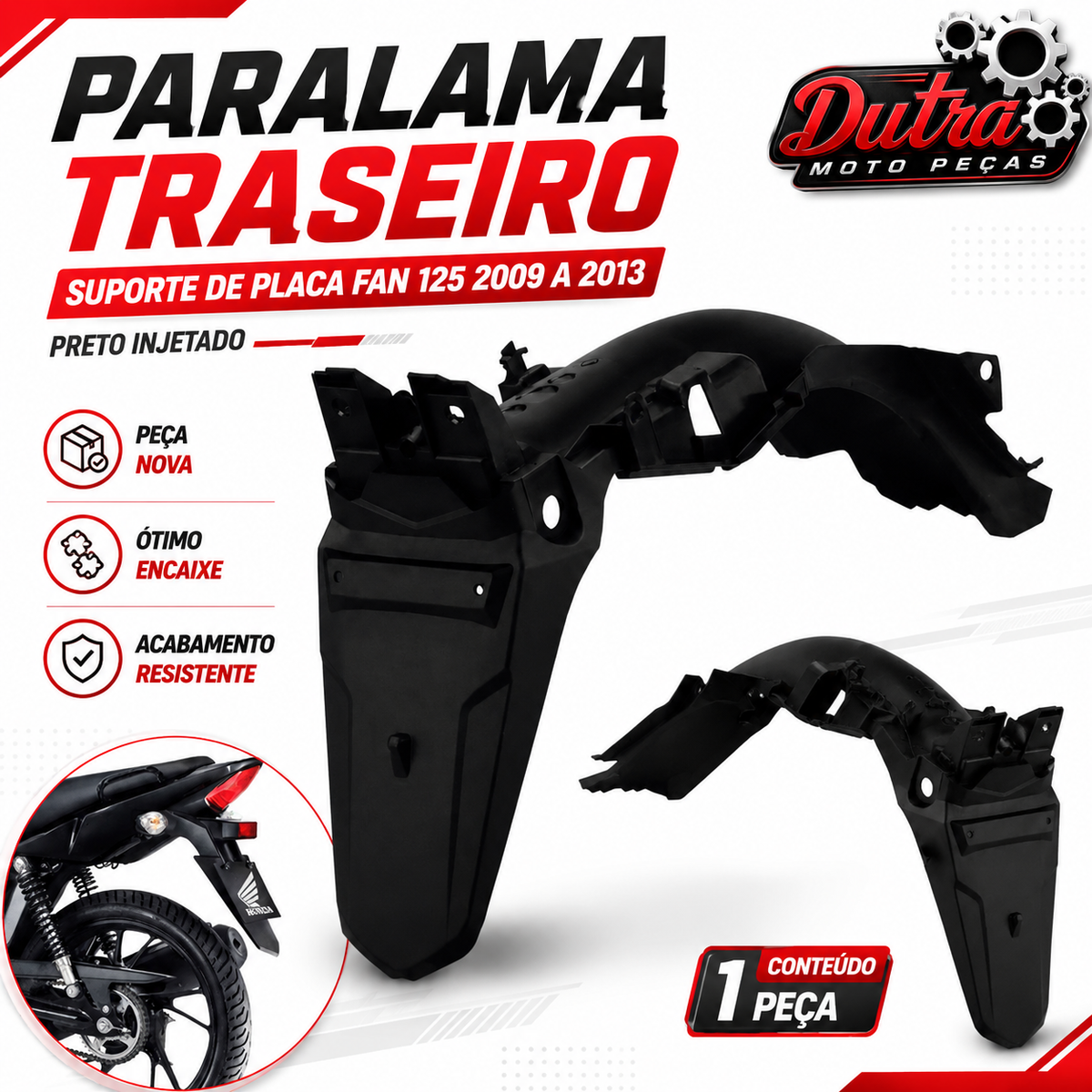Paralama Traseiro Suporte Placa Honda CG Fan 125 2009 a 2013 Preto Injetado