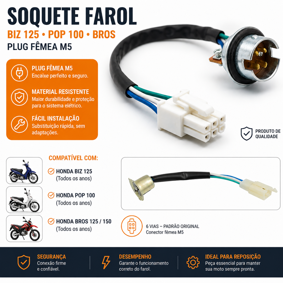 Soquete Farol Biz 125 100 Pop Bros plug Fêmea M5