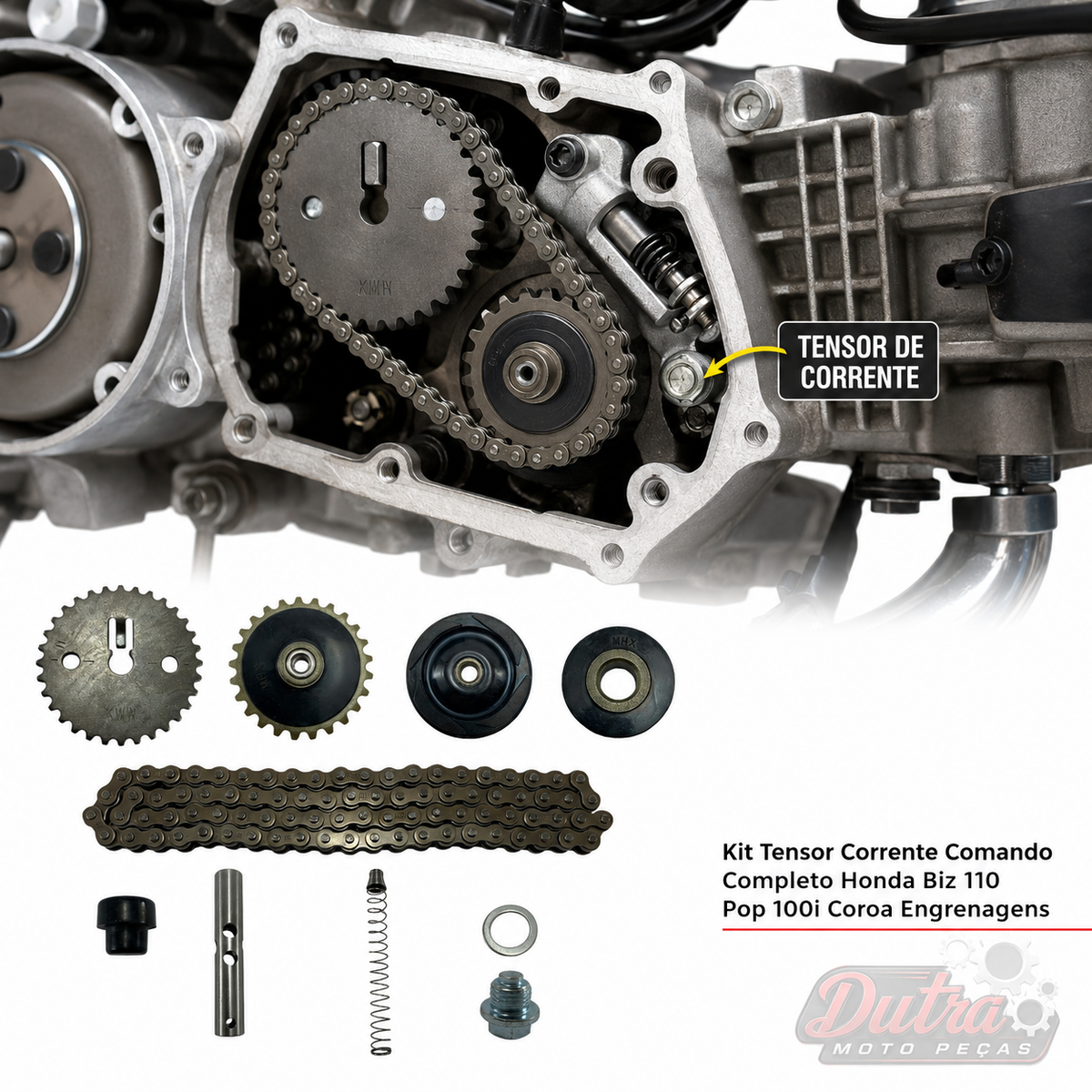 Kit Tensor Corrente Comando Honda Biz 110i Pop 110i Completo Coroa Engrenagem