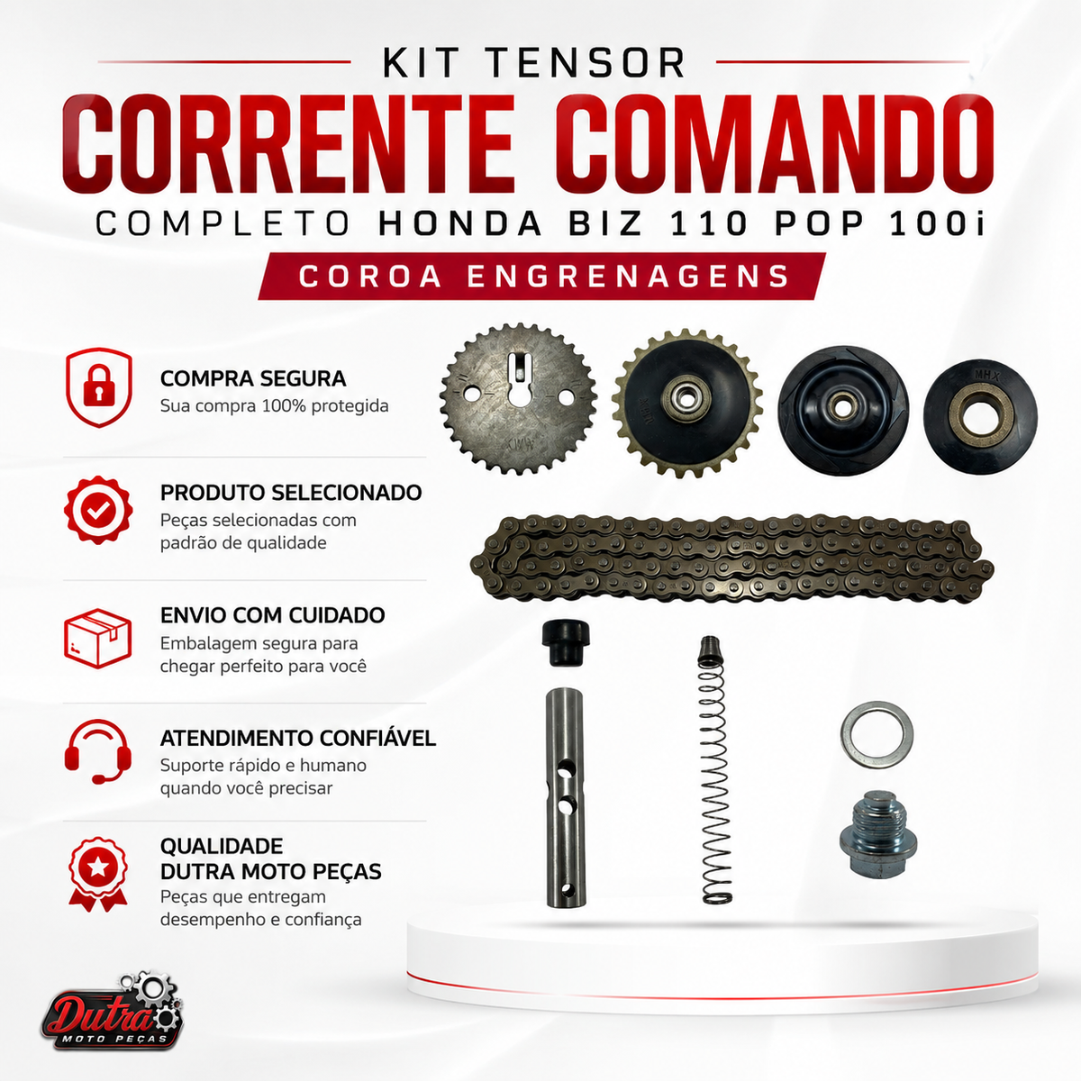 Kit Tensor Corrente Comando Honda Biz 110i Pop 110i Completo Coroa Engrenagem