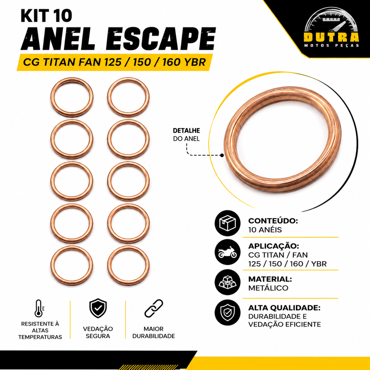 Kit 10 Anéis Vedação Escape Escapamento Honda CG Titan Fan 125 150 160 Yamaha YBR 125